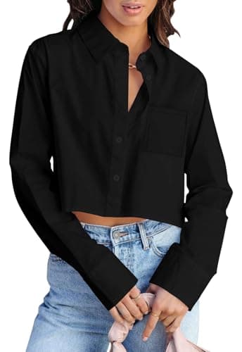 INFITTY Women Button Down Shirt Casual Long Sleeve Cropped Shirts Collared Crop Tops Solid Short Blouse Shirt Black M
