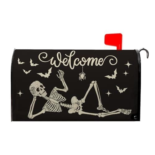 Welcome Halloween Mailbox Covers Skeletons Skull Bat Spider Mailbox Post Cover Letter Box for Garden Standard Size 21x18 in for Yard Home Decor