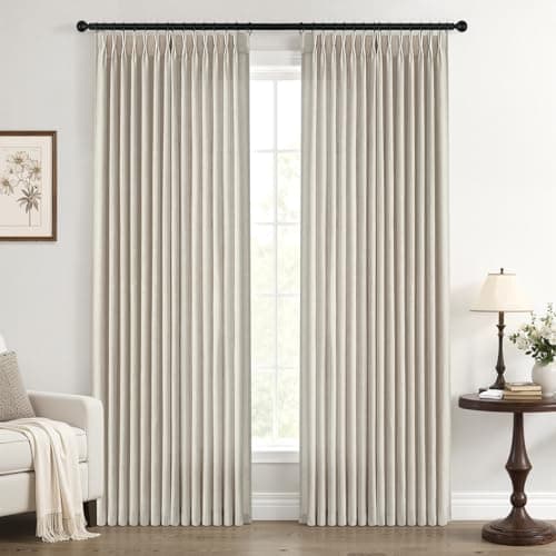Rustic Oatmeal Pleated Linen Curtains 102 Inches Long for Living Room Bedroom 2 Panels Netural Boho Thick Textured Linen Back Tab Pinch Pleat Curtain Drapes Ceiling Floor Semi Sheer Sliding Door