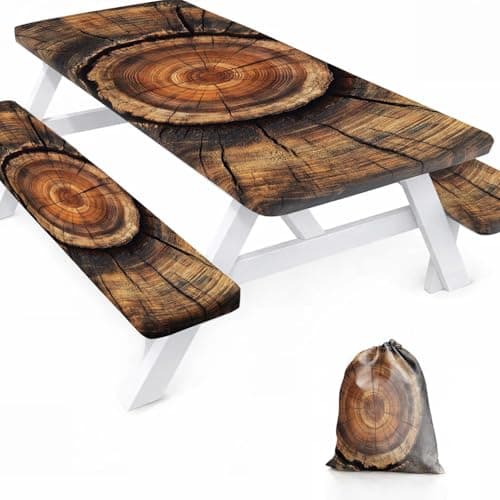 seewan 72x30 Picnic Table Cover with Bench Covers - Waterproof Vinyl Camping Tablecloth for 6FT Tables, Elastic Edges Windproof, Outdoor RV Must Haves with Bag, 4 Piece Set.