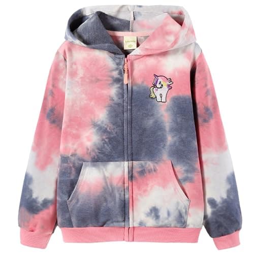 Julerwoo Girls Cotton Tie Zip Sweatshirt Hoodie Pink Grey Tie Dye Color Unicorn Print Hoodie(4T,Unicorn)