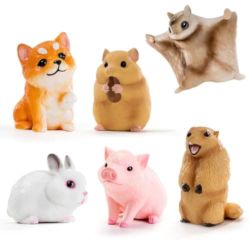 THINKBAY 6PCS Animal Toys for Toddlers, Sensory Toys Cute Farm Animal Figures Pocket Pets Toys for Kids Includes Dog, Rabbit, Hamster, Pig Figurines Cake Toppers Birthday Gifts for Preschool Kids