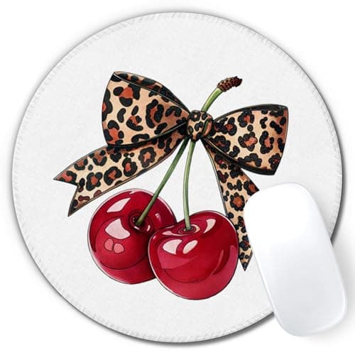 AEREYGBJYJ Coquette Leopard Print Bow Cherry Round Mouse Pad 7.9x7.9 Inch, Trendy Girly Cheetah Print Bow Mouse Pads for Home Office Dorm Computers Laptop Supplies Desk Accessories