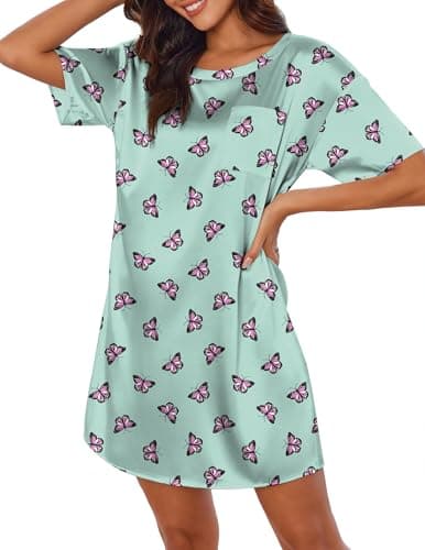 Ekouaer Silk Nightgown for Women Short Sleeve Satin Sleep Shirts Round Neck Sleepwear Chest Pocket Nightshirt Butterfly Green S