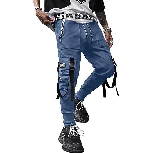 XYXIONGMAO Men's Jogger Techwear Pants Hip Hop Goth Streetwear Harem Sweat Tactical Track Multi Pocket Black Joggers Cargo Cool Baggy Pants(Blue,2XL)