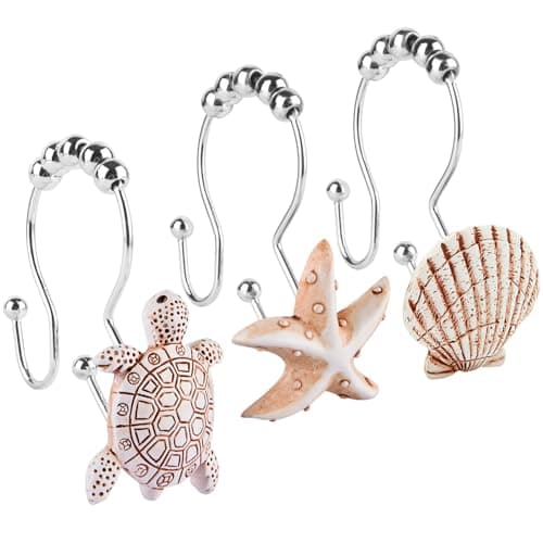 Double Shower Curtain Hooks,12Pcs Seashell Shower Curtain Rings Double Shower Curtain Hooks Decorative Bathroom for Home Bathroom Bedroom Living Room
