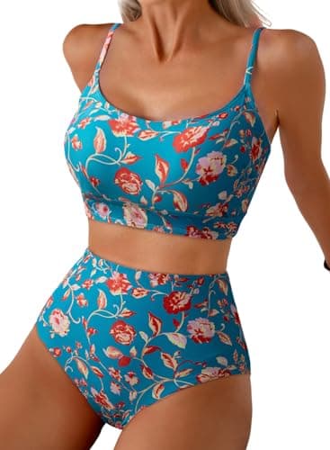 Herseas Womens Swimsuits Sexy Bikini 2 Piece Sets 2026 Bathing Suit Tummy Control Floral Print Swim Top with Reversible Bottom Flattering Beach Outfits Navy Blue Small