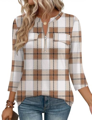 LOMON 3/4 Sleeve Tops For Women Business Casual Work Summer V Neck Plaid Shirt Ladies Office Elegant 3/4 Quarter Sleeve Tunic Blouse With Zipper