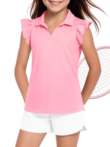 Haloumoning Girls Ruffle Short Sleeve Polo Shirt Kids V-Neck Golf Tennis Shirts Tops School Uniform Tees 5-14 Years Light Pink