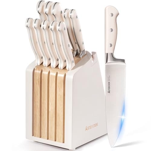 Astercook Knife Set, Kitchen Knife Set with Block and Sharpener, 12 Pcs Ultra-Sharp High Carbon Stainless Steel Knife Block Set with Non-Slip Full Tang Ergonomic Handle, Cream White Cutlery Set