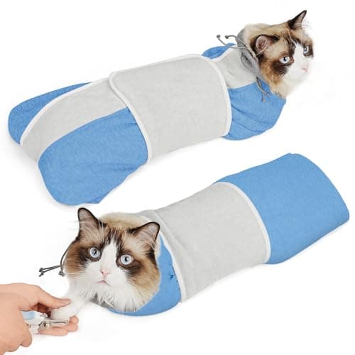 Supet Cat Grooming Wrap for Cutting Nails, Self-Adhesive Anti-Scratch Swaddle with Bite-Proof Mesh Hood & Thick Waist Strap Anti-Escape Bag for Nail Trimming, Medication, Ear Cleaning (Blue L)