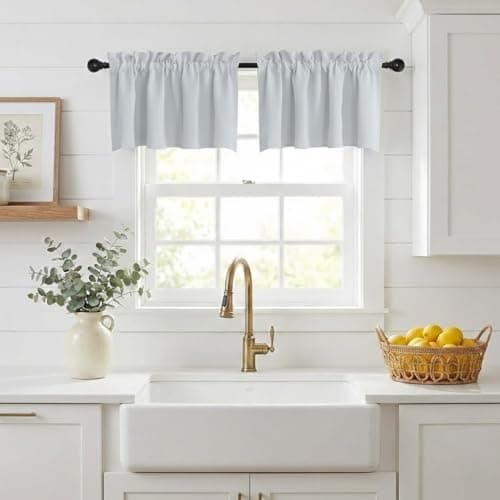 NICETOWN Valance Curtains for Kitchen Thermal Insulated Window Curtain Valances, Farmhouse Adjustable Rod Pocket Bathroom Curtains for Small Window, 42" W x 18" L + 1.6" Header, Greyish White, 1 Pair