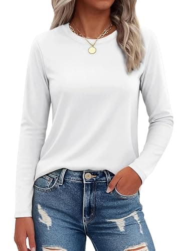 SMENG White Long Sleeve Shirts for Women Crewneck Cotton Soft Tops Basic Breathable Sun Protection Shirt Workout M