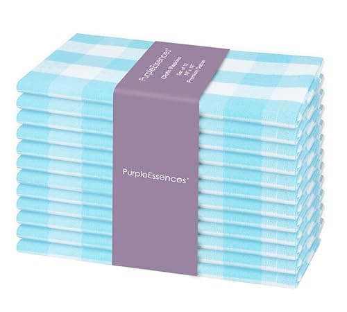 PurpleEssences Buffalo Plaid Cloth Napkins - Mitered Corners - Spring Easter Summer - Gingham Check Dinner Napkin - Set of 12-100% Cotton - 18x18 Inch - Reusable Washable - Aqua Blue and White