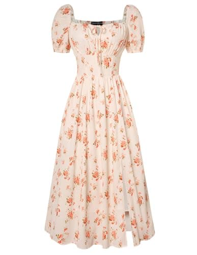 Scarlet Darkness Women's Floral Corset Dress with Split 2026 Summer Spring Square Neck Midi Milkmaid Dresses Beige Orange Floral XL