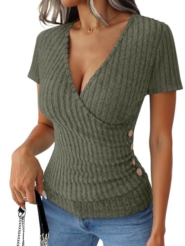 ANRABESS Women Short Sleeve V Neck Shirts,Deep Green,L