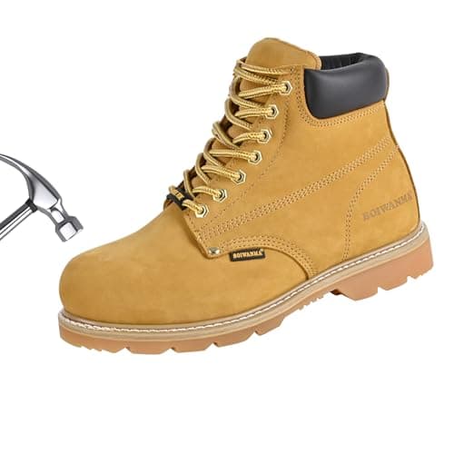BOIWANMA Work Boots for Men, Steel Toe, Leather, Oil, Slip and Heat Resistant Heavy Duty Wide Industrial & Construction Safety Boots, US 13W