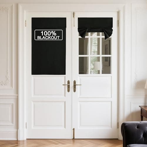 NICETOWN 100% Linen Blackout French Door Curtains, Privacy Door Window Curtains, 26 X 40 Inch Long Room Darkening Blinds, Thermal Insulated Tie Up Shades for Bedroom, 1 Panel, Black