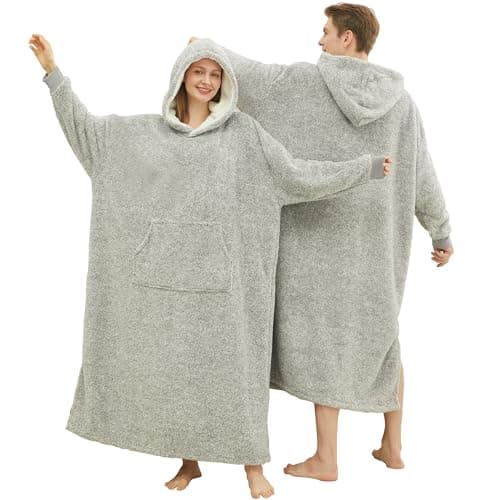 PJGGZ Snuggy Blanket for Adult, Wearable Blanket Hoodies for Women & Men Warm Cozy Sherpa Hooded Blanket Sweatshirt with Giant Pocket(Light Grey, Standard)
