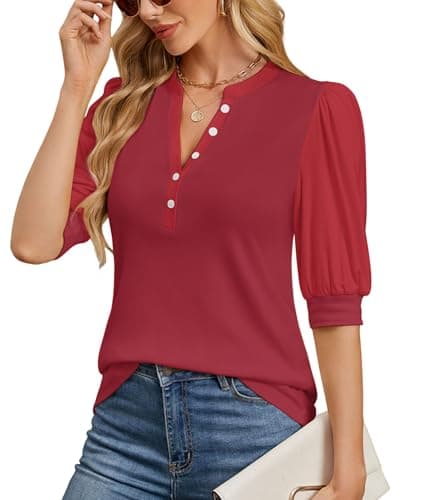 Ohhettm Summer Tops for Women 2026 Trendy Dressy Casual Blouse Puff Short Sleeve Shirts Knit Henley V Neck T Shirt Tunic Red M