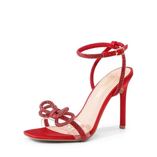 DREAM PAIRS Women's Double Bowknots Crystal Sandals Clear Slingback Heels Square Toe Shoes for Party Wedding Brielle,Size 6.5,Red-Satin,SDHS2389W