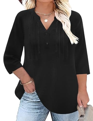 Ivicoer Plus Size Tops for Women V Neck 3/4 Length Sleeve T Shirts Flowy Business Soft Casual Outfits for Work (Black, 2XL)