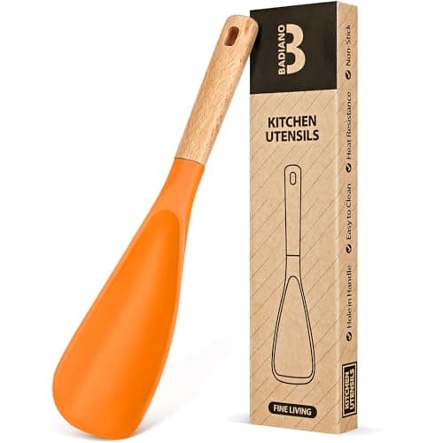 Cooking Spoon for Nonstick Cookwares, Great for Cooking and Serving Sturdy BPA-Free Matte Silicone, Wood Handle Spoon for Mixing, Scoop, and Scrape (ORANGE, 11.4 inch)