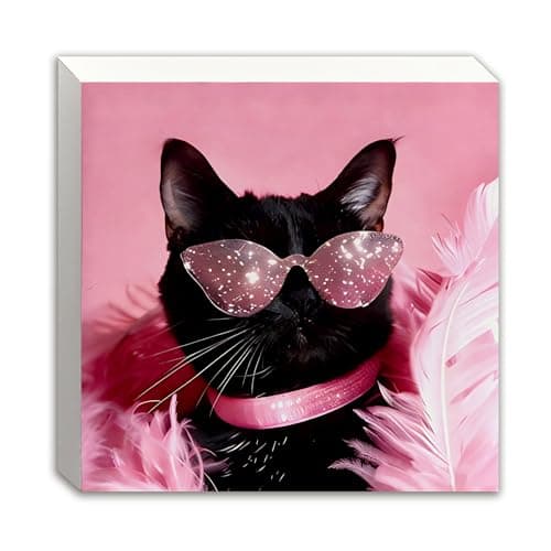 XUNLURY Funny Black Cat Wooden Box Sign, Black Cat Gifts for Women, Trendy Pink Sunglasses Kitty Wood Block Sign for Home Office Desk Shelf Table Decor, 5x5 Inch