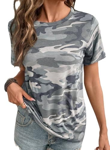 EVALESS Plus Size Tops for Women Summer Trendy Graphic Tees Crewneck Short Sleeve Shirts Spring 2026 Fashion Camo T Shirts Light Gray XX-Large