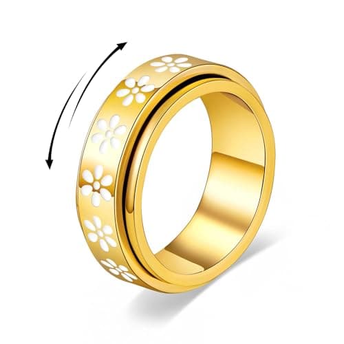 KYROVIA Fidget Anxiety Rings for Women 14K Gold Silver Plated Spinner Band Ring 8mm Thick Stainless Steel Statement Rings Jewelry Gifts Size 6-10 (Gold-Flower-10)