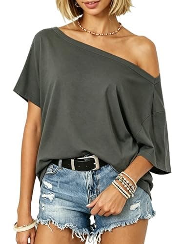 Dressmine Loose Off Shoulder Tops for Women Oversized Baggy Shirt Drop Shoulder Casual Summer Clothes Vacation Tees Gray XL
