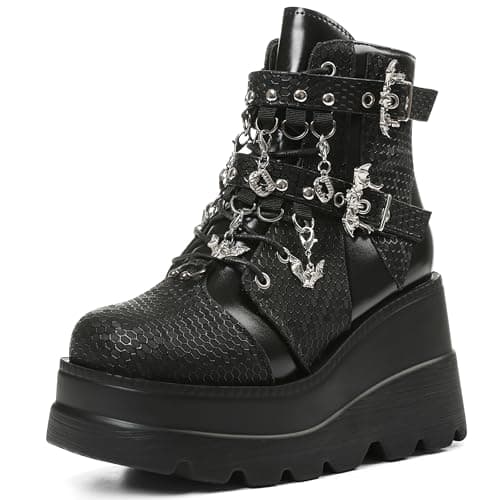 Tscoyuki Goth Platform Ankle Boots for Women - Bat Buckle Straps Rave Boots Zip Round Toe Combat Boots Womens Chunky Wedges High Heels Moto Booties Black Size 8