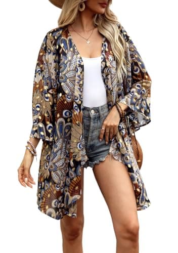 olrain Women Floral Print Bell Sleeve Kimono Cardigan Lightweight Open Front Cover Up Loungewear Cape for Summer (Small, Blue Peacock)