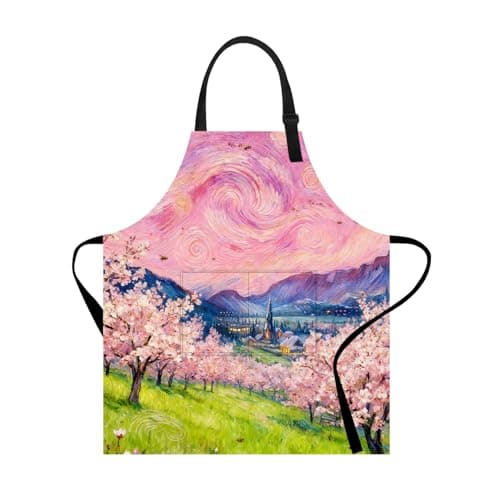 ANNA QUEEN Spring Blossom Landscape Apron with Pocket – Adjustable Kitchen Bib Apron for Women & Men | Cooking, Baking, Art Gift