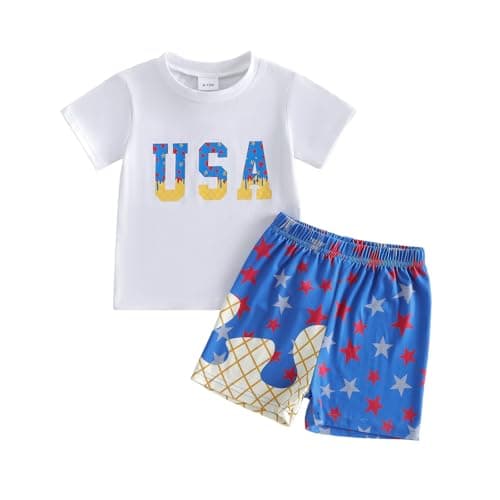 Saliuentm 4th of July Toddler Boy Outfit Short Sleeve Ice Cream Usa T Shirt Tops Star Shorts Toddler Boy Fourth of July Outfit (J-White,2-3T)