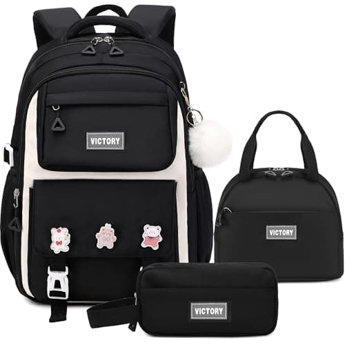 AO ALI VICTORY Girls Backpacks 3PCS Backpack for Girls Set with Lunch Box Pencil Case 15.6 Inch Laptop School Bag Kids Elementary College Bookbags for Women Teens Students Travel Daypack Black