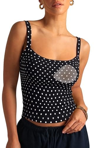 SUUKSESS Women Cotton Rib Padded Tank Tops Sleeveless Spaghetti Strap Square Neck Tops Summer Camisole Going Out Shirts (Black White Polka Dots, Medium)