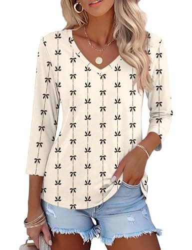 LOMON Womens 3/4 Sleeve Tops and Blouses V Neck T Shirts for Women Spring Tops for Women 2026 Bow Print L