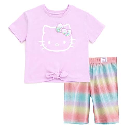 Hello Kitty Little Girls T-Shirt and Metallic Bike Shorts Outfit Set Pastel Purple 6