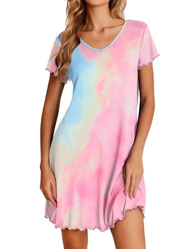 Ekouaer Nightgowns for Women Short Sleeve Sleepshirt V Neck Short Nightshirt Pullover Soft Ruffled Sleepwear Tie Dye XXL