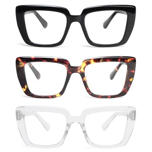REAVEE 3 Pack stylish Reading Glasses for Women, Blue Light Blocking Readers Oversized Frame with Spring Hinge Clear Lens, Black Leopard Clear 1.0