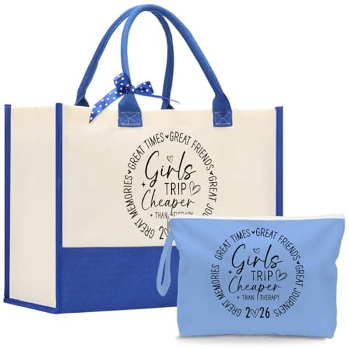 Fokongna Girls Trip Travel Cheaper Than Therapy 2026, Friend Travel Gifts Canvas Tote Bag Wet Bag Makeup Beach Bags Friendship Gift Birthday Graduation Weekender for Women Friend Gift.blue