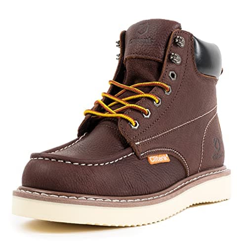 Clitenk Work Boots 6" Moc Toe for Men Full Grain Leather Water Resistant Non Slip Lightweight, Wedge Sole Soft Toe Comfortable Construction Mens Work Boots 10