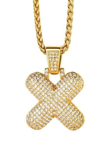 Richsteel Bubble Gold Initial Letter X Necklace for Men Women Cubic Zirconia Alphabet Pendant with 22'' Wheat Chain,Gift for Christmas