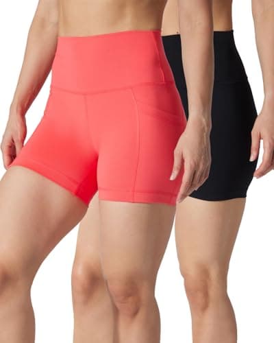 90 Degree By Reflex Womens High Waisted Biker Shorts Ribbed Workout Yoga Running Spandex Short - Hibiscus (W/Pocket) / Black (No Pocket) 7" - Small