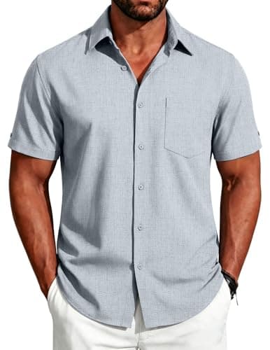 COOFNADY Summer Shirts for Men Casual Short Sleeve Linen Button Down Shirt with Pocket Blue