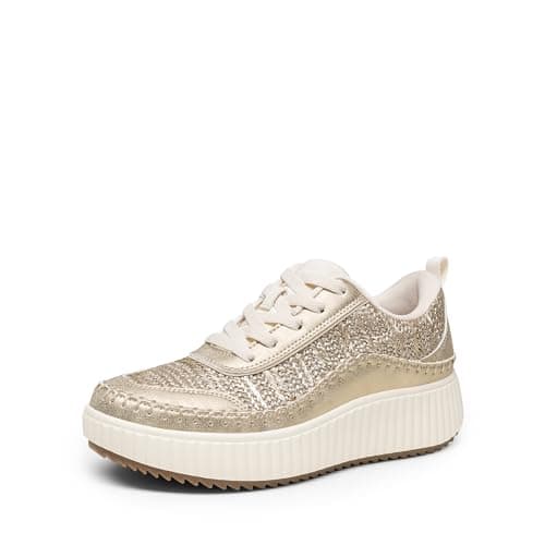 DREAM PAIRS Women Chunky City Tweed Comfortable Casual Platform Fashion Sneaker,Size 7,Gold,SDFN2379W