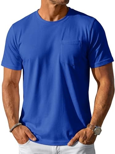 MAGCOMSEN Men's T-Shirts Short Sleeve Cotton Pocket Tee for Men Casual Crew Neck Plain Basic Tee Shirts Bright Blue
