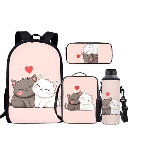 JEOCODY Cute Cat Backpack for Girls Kids Bookbag with Lunchbox Pencil Case and Bottle Holder, 4 Piece Children School Backpack Set Back to School Gifts to Boys and Girls