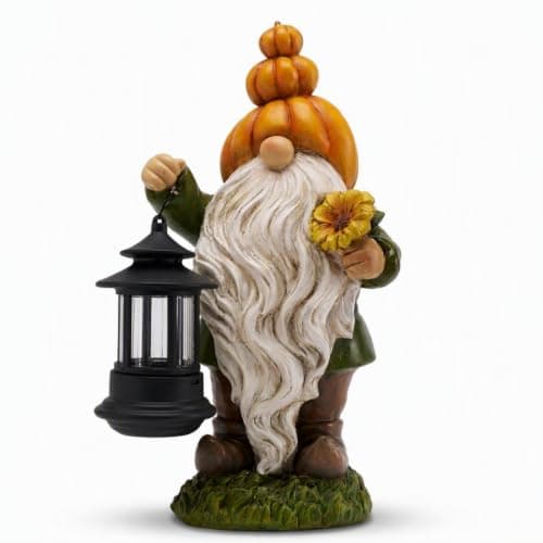 TERESA'S COLLECTIONS Fall Outdoor Decor Pumpkin Gnome Solar Statue 8"